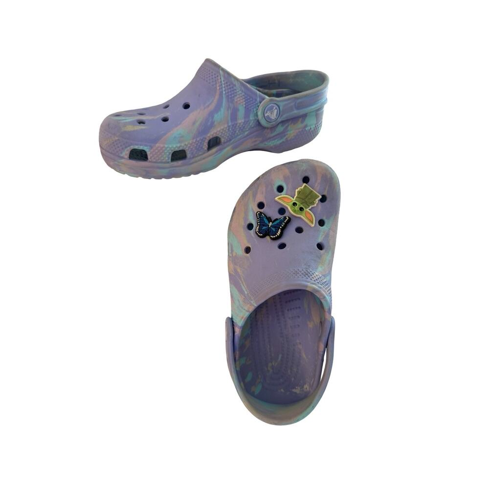 CROCS Kids J2 Purple Tie Dye Classic Clogs Butterfly Baby Yoda Jibbitz Youth